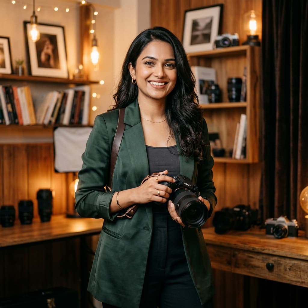 Professional female photographer in a warm studio setup holding a mirrorless camera