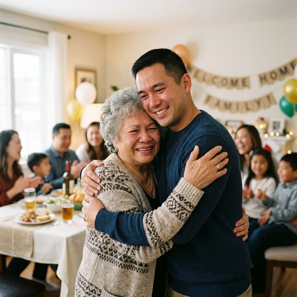 Candid emotional hug between family members