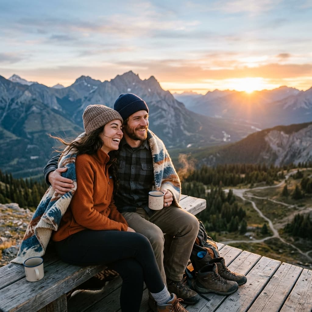 Couple drinking warm tea at scenic mountain lookout