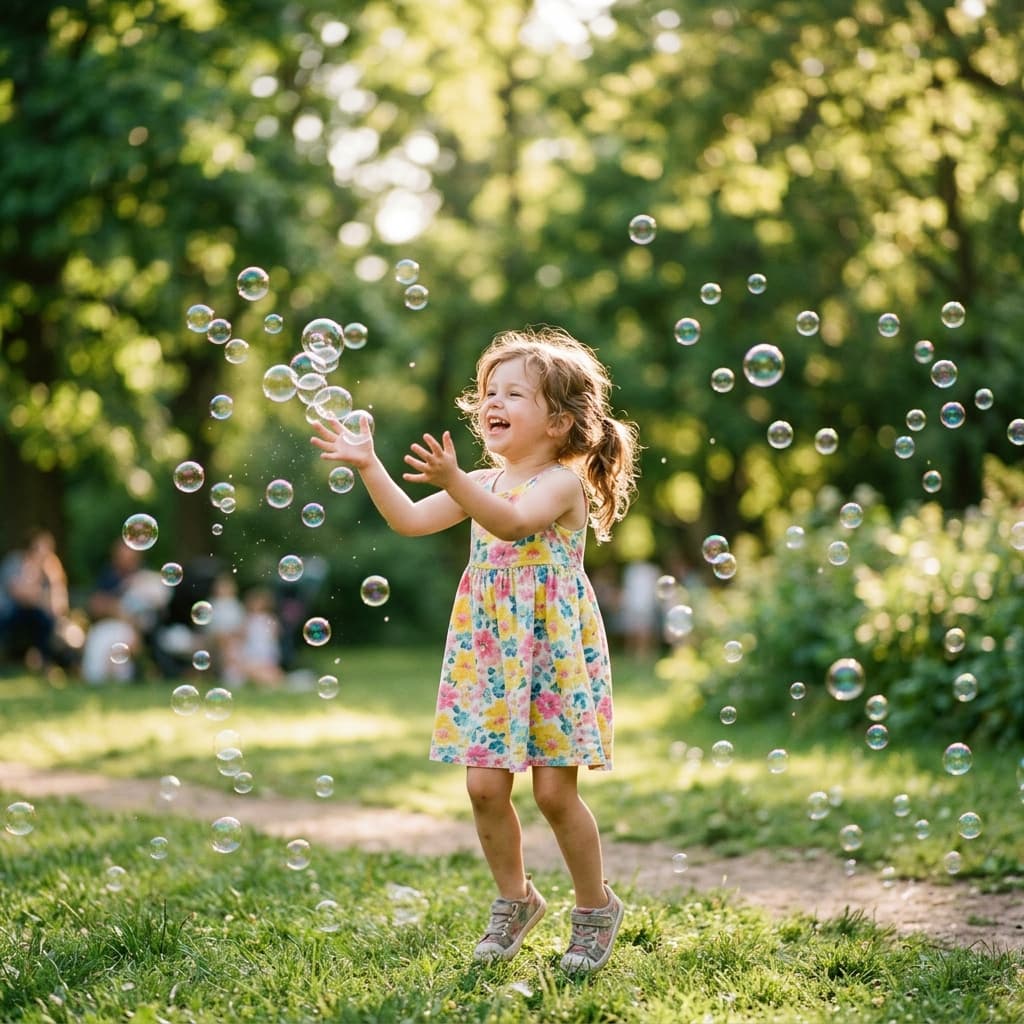 Happy child playing with bubbles